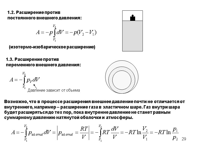 29 1.2. Расширение против постоянного внешнего давления:   1.3. Расширение против переменного внешнего